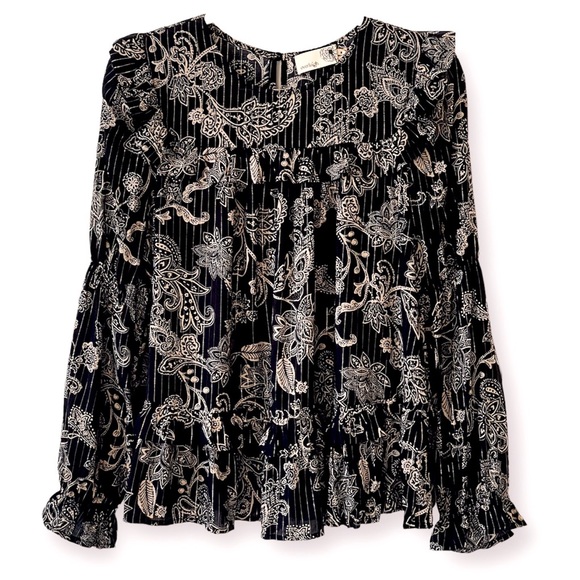 NEW Blouse Boho Tiered Ruffle Hem Swing Long Sleeves Crew Neck Elastic Cuffs - Picture 5 of 16
